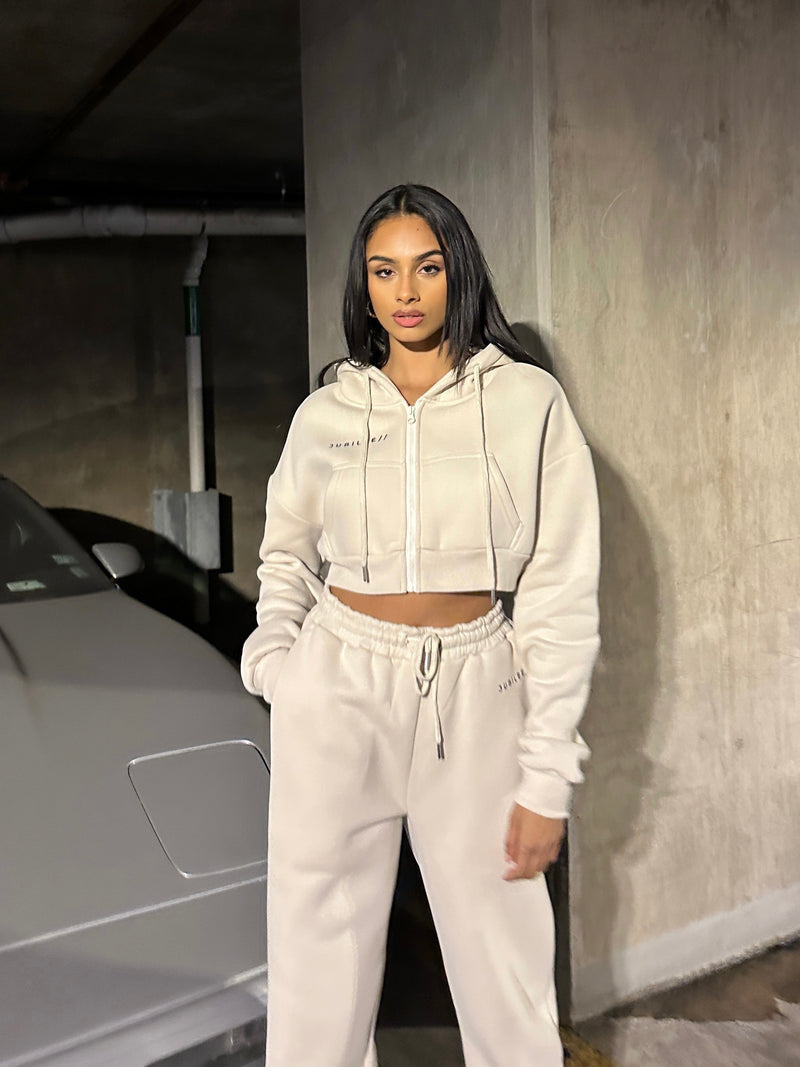 Super Soft Cropped Zip Up Hoodie - Off White