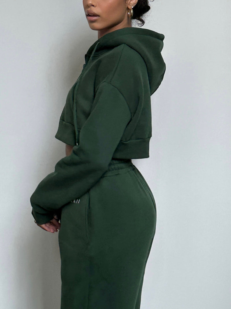 Super Soft Cropped Zip Up Hoodie - Forest Green
